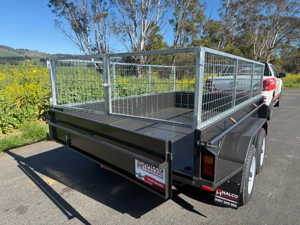 Dual-axle box trailer with cage and tailgate by Halco Trailers, ideal for heavy-duty transport in Victoria.